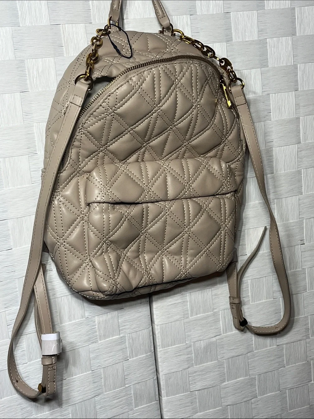 Zara Quilted Taupe Backpack with Gold Chain Accents Eye Catching